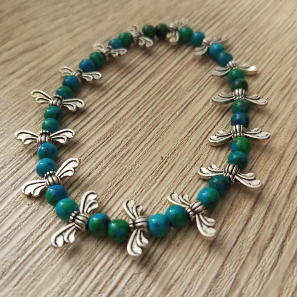 Hand crafted Speckled green turquoise gemstone angel wing statement bracelet